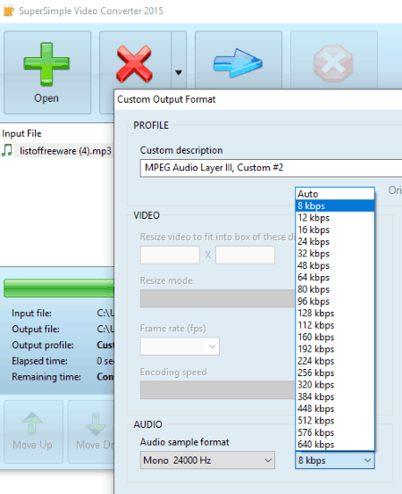 SuperSimple Video Converter: список аудиобитрейтов в Custom Output Format