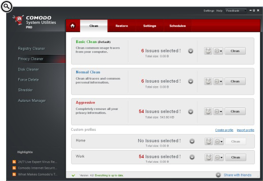 Профили Privacy Cleaner: Basic Clean, Normal Clean и Aggressive