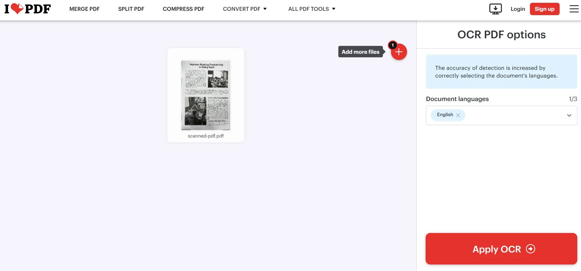 iLovePDF: настройки OCR PDF и кнопка Apply OCR