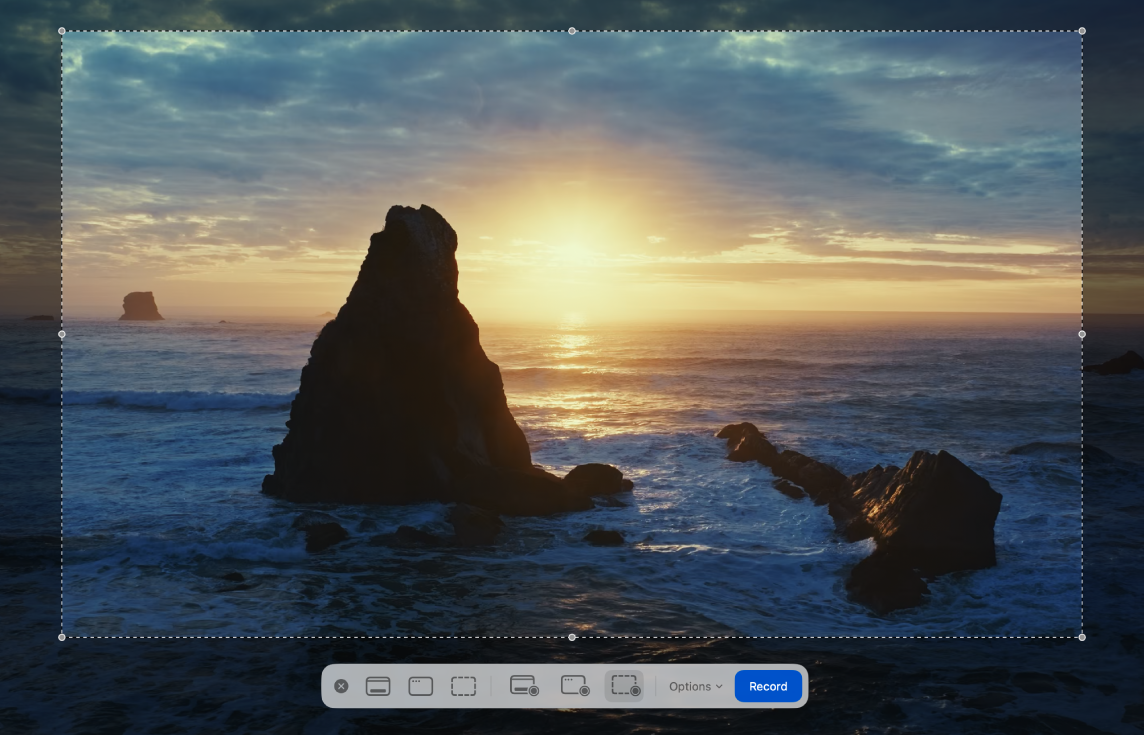 Панель записи экрана, открываемая через QuickTime Player