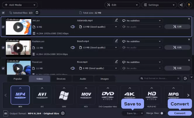 Список файлов в Movavi Video Converter, выбор Save to и кнопка Convert