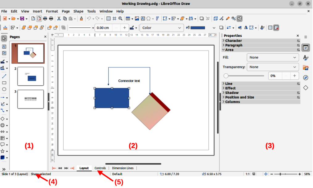 Рабочее окно LibreOffice Draw с панелью страниц, холстом и свойствами