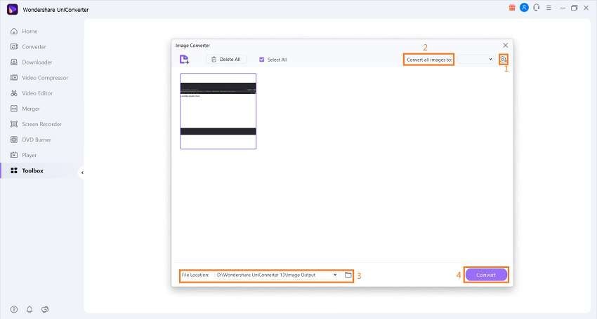 Выбор JPG и запуск DNG-конвертации в Wondershare UniConverter