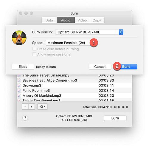 Burn для macOS: выбор привода и скорости перед прожигом