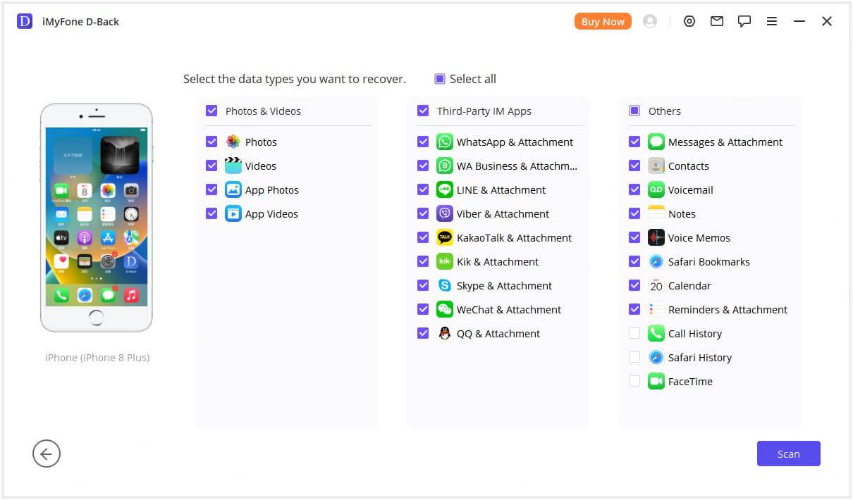 Выбор типов данных перед сканированием iPhone
