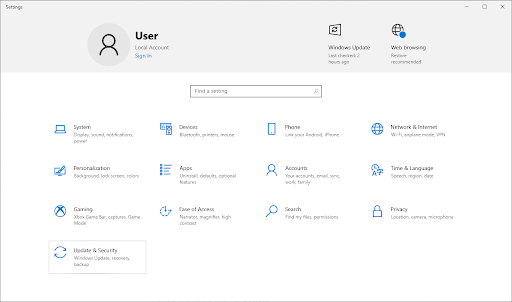 Раздел Обновление и безопасность в параметрах Windows 10