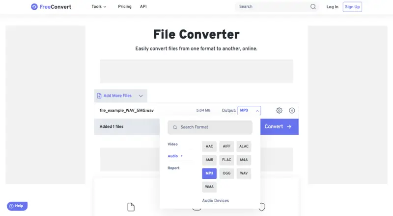 Выбор MP3 в FreeConvert