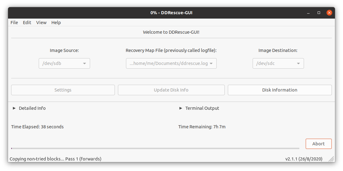 Выбор источника, mapfile и назначения в DDRescue-GUI