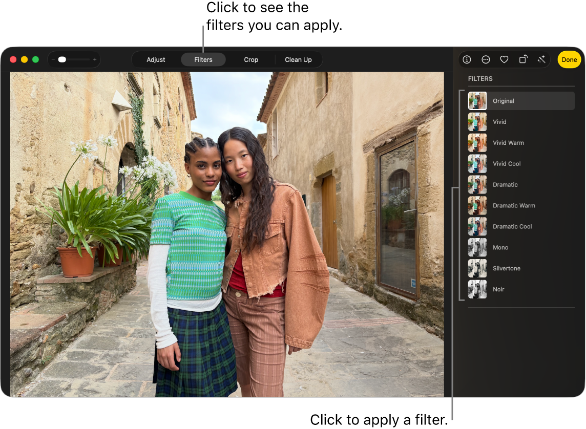 Раздел Filters и список фильтров в приложении Фото на Mac