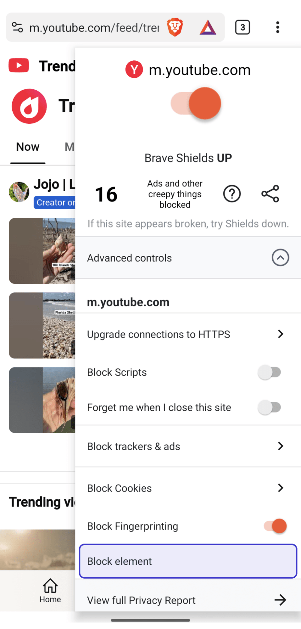 Панель Brave Shields с командой Block element на Android
