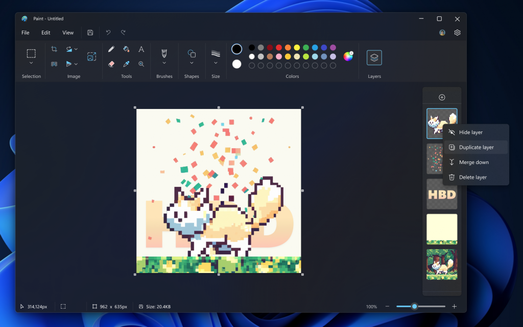 Панель слоёв в Microsoft Paint