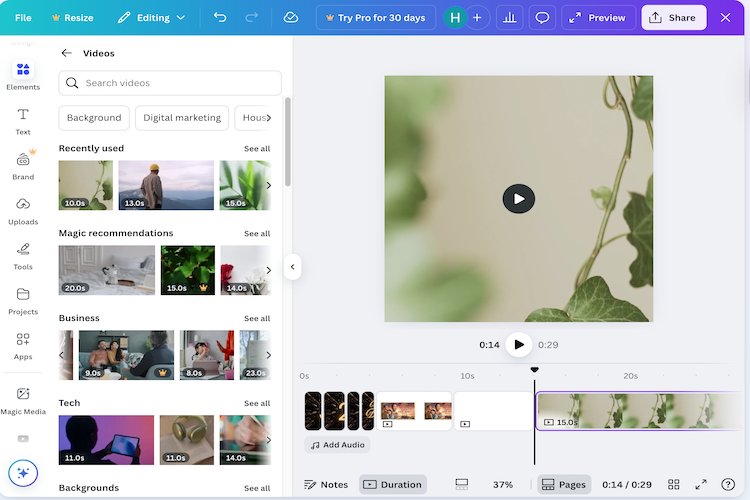 Интерфейс Canva Video Editor с панелью видео, холстом и шкалой сцен