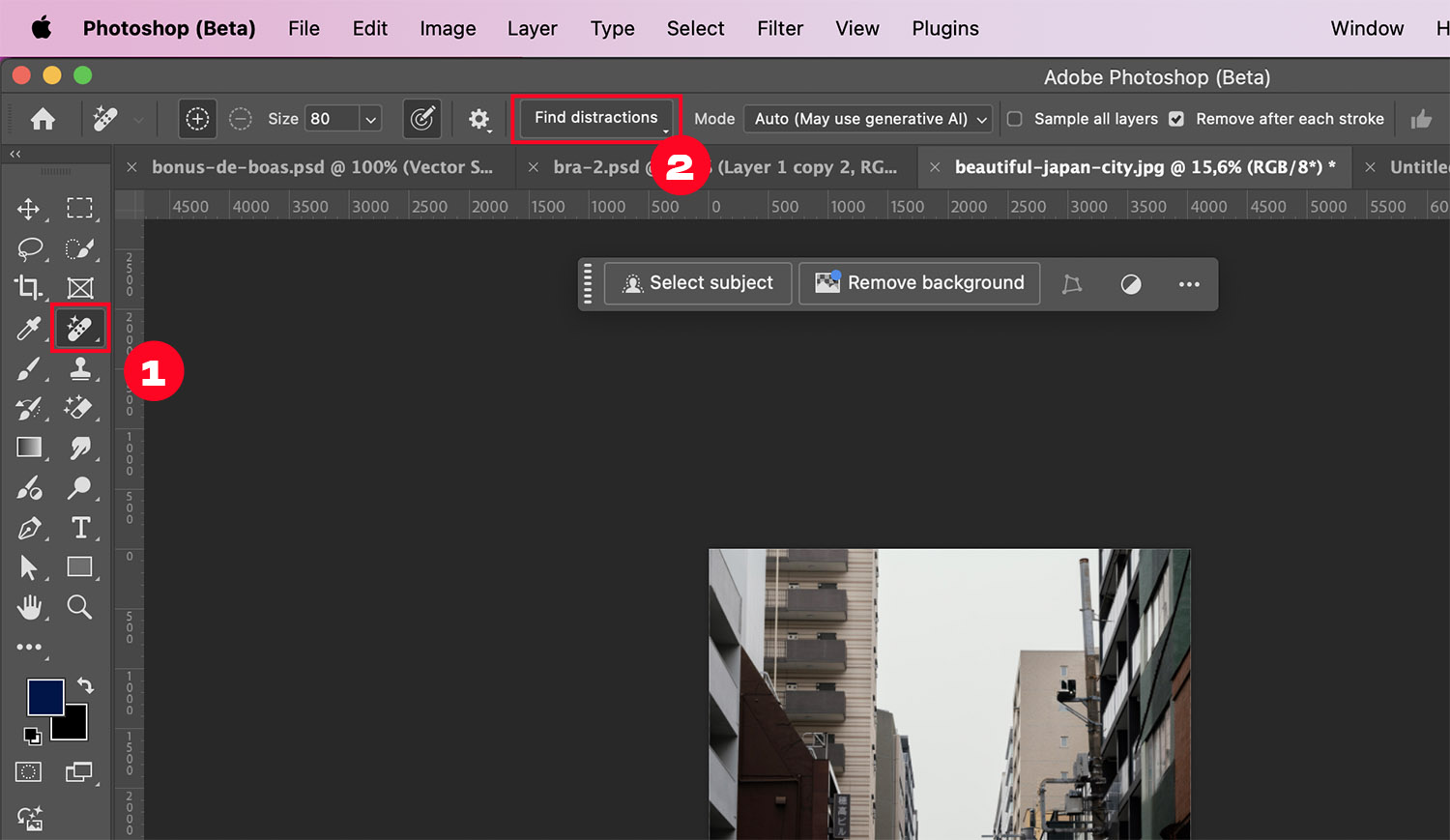 Интерфейс Adobe Photoshop с выбранным Remove Tool