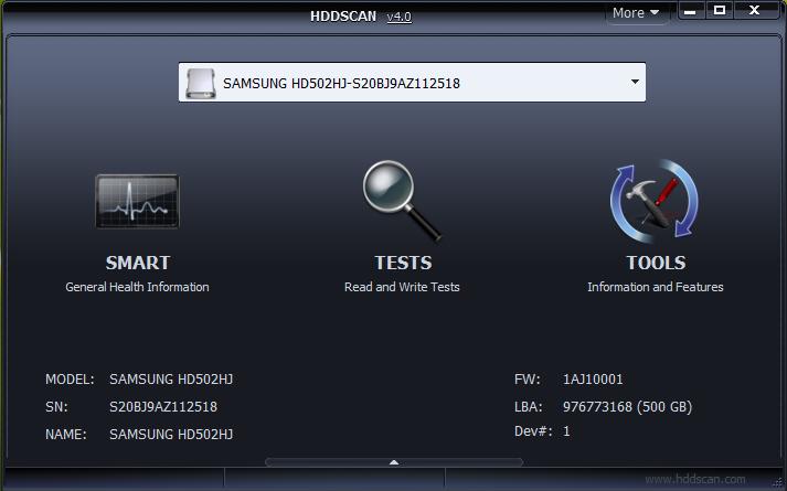 Главное окно HDDScan с кнопками SMART, TESTS и TOOLS