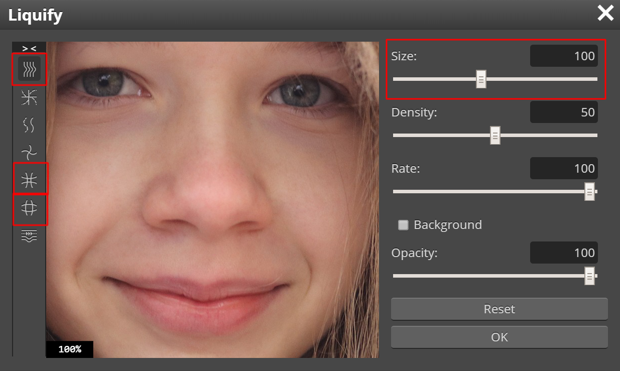 Окно Liquify в Photopea