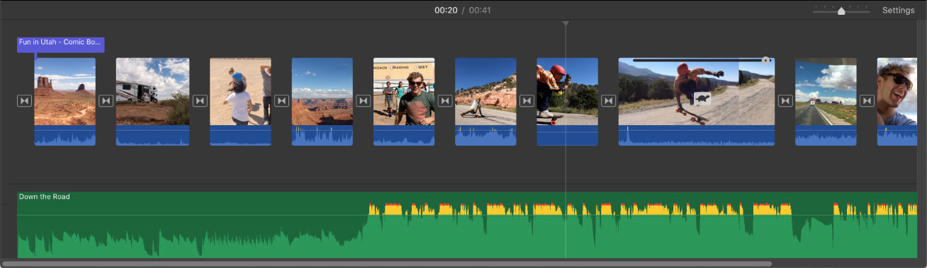 Timeline в iMovie с видеоклипами и аудиодорожкой