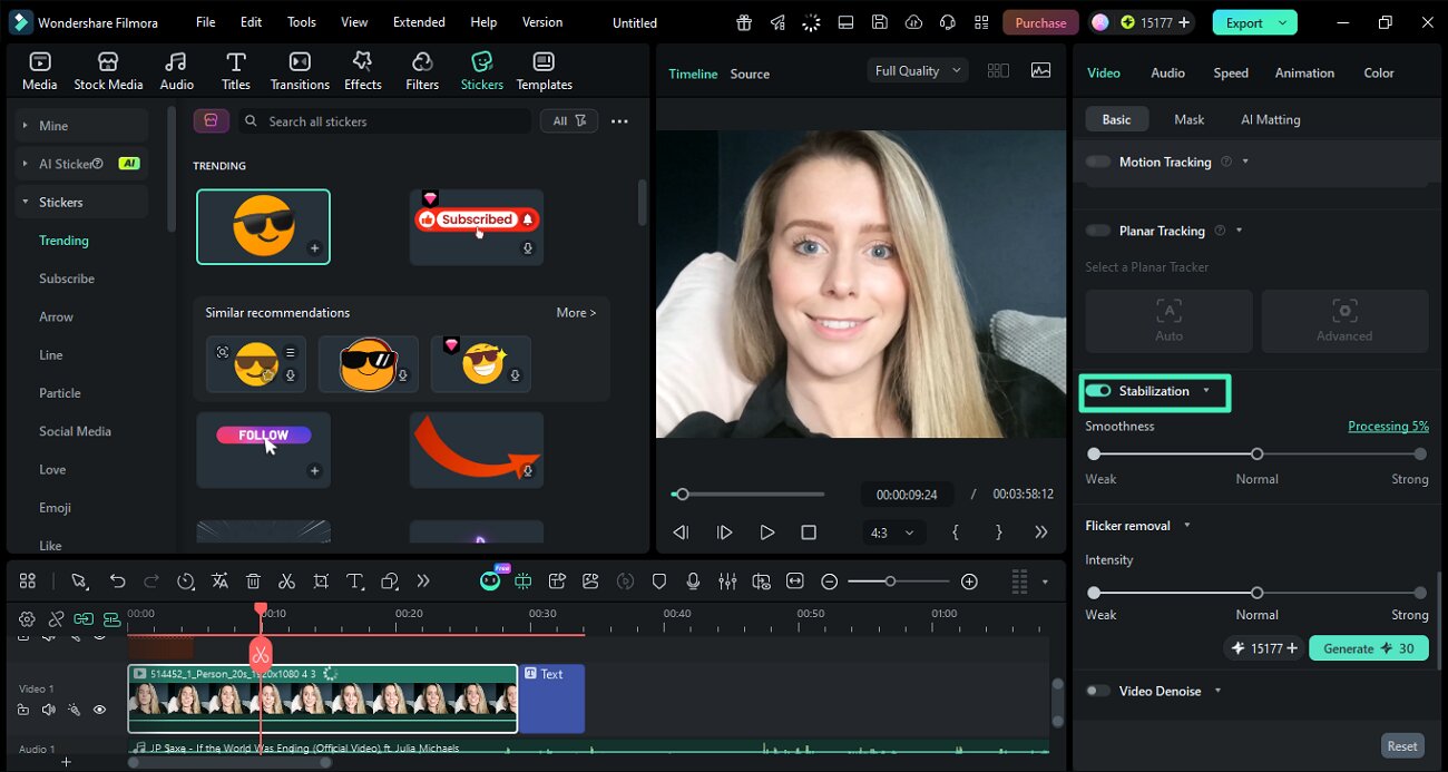 Панель Stabilization и настройка Smoothness в Wondershare Filmora