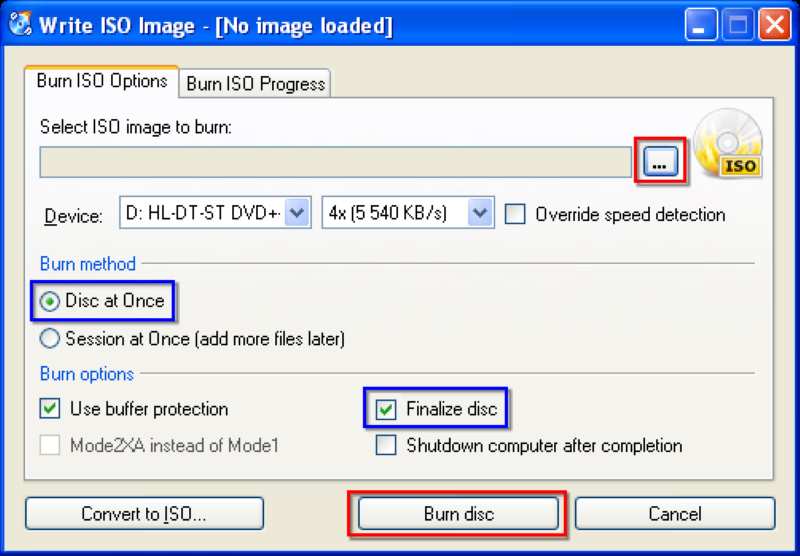 Окно Write ISO Image в CDBurnerXP