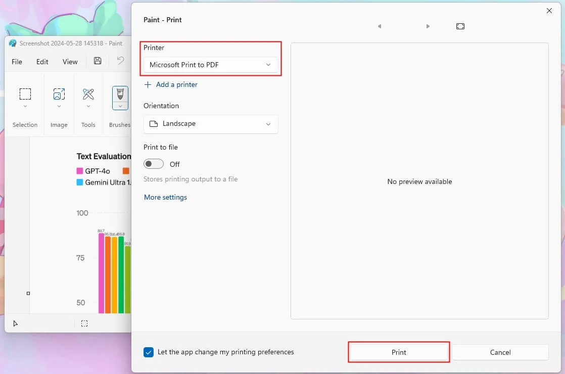 Выбор Microsoft Print to PDF в окне печати Microsoft Paint