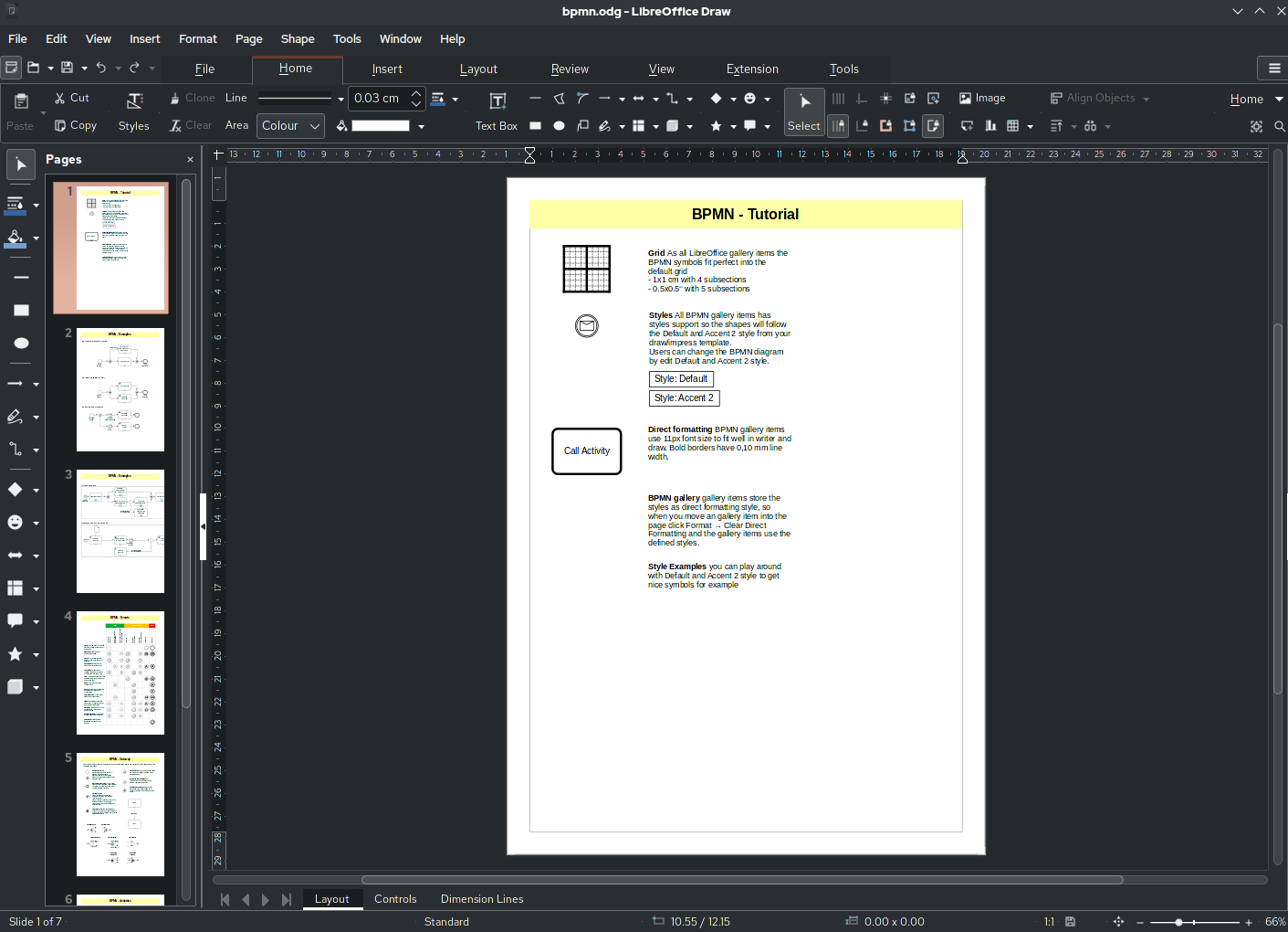Интерфейс LibreOffice Draw с панелью страниц и рабочей областью