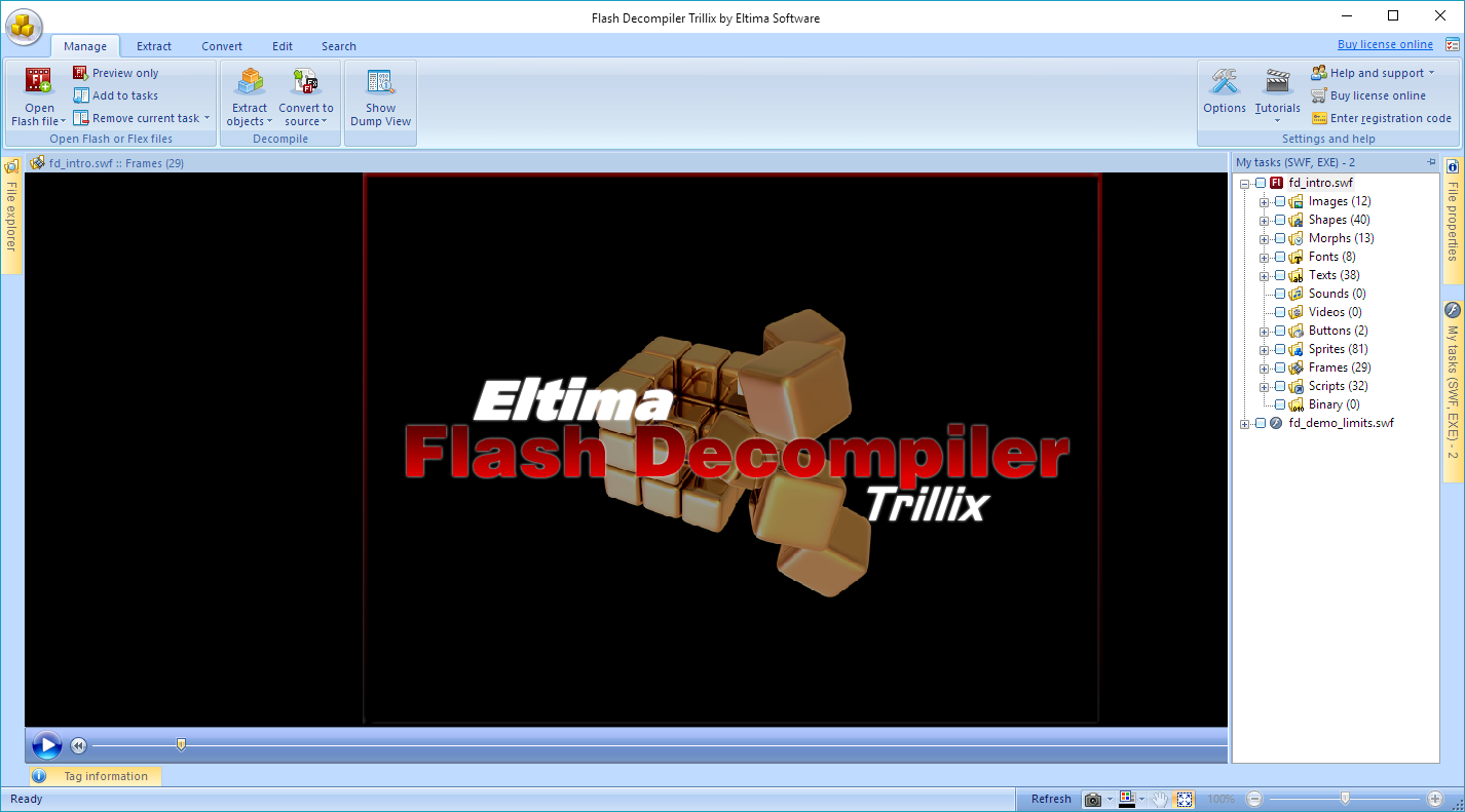 Flash Decompiler Trillix: основное окно и дерево ресурсов SWF
