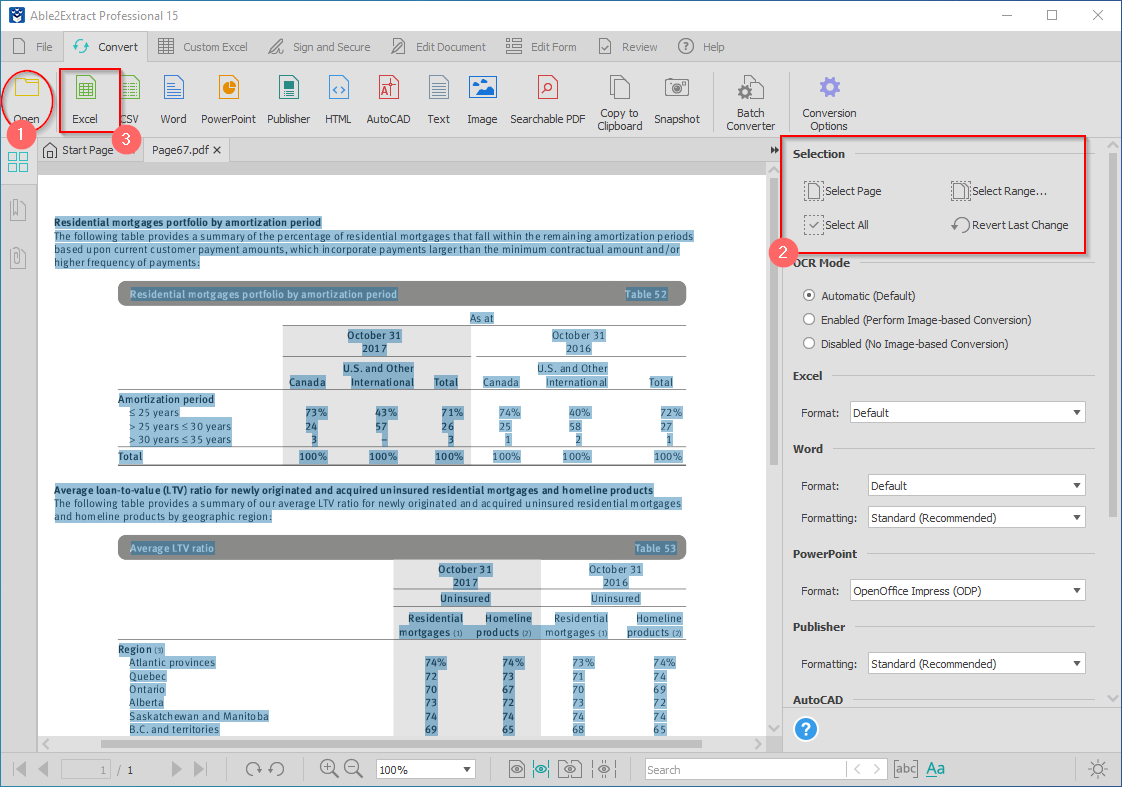 Выделение таблиц и настройки Excel/OCR в Able2Extract Professional