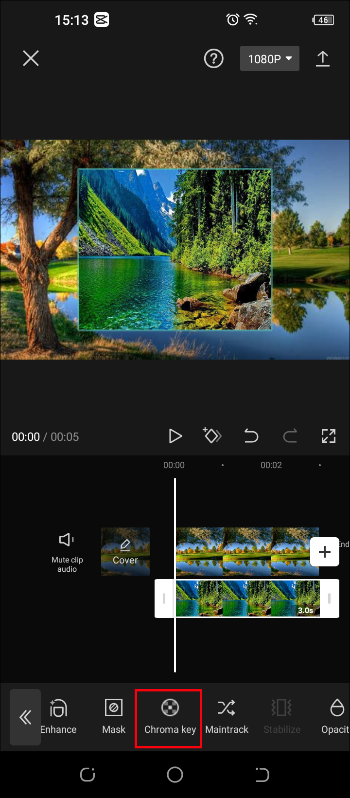 CapCut на Android: инструмент Chroma key для верхнего видеослоя