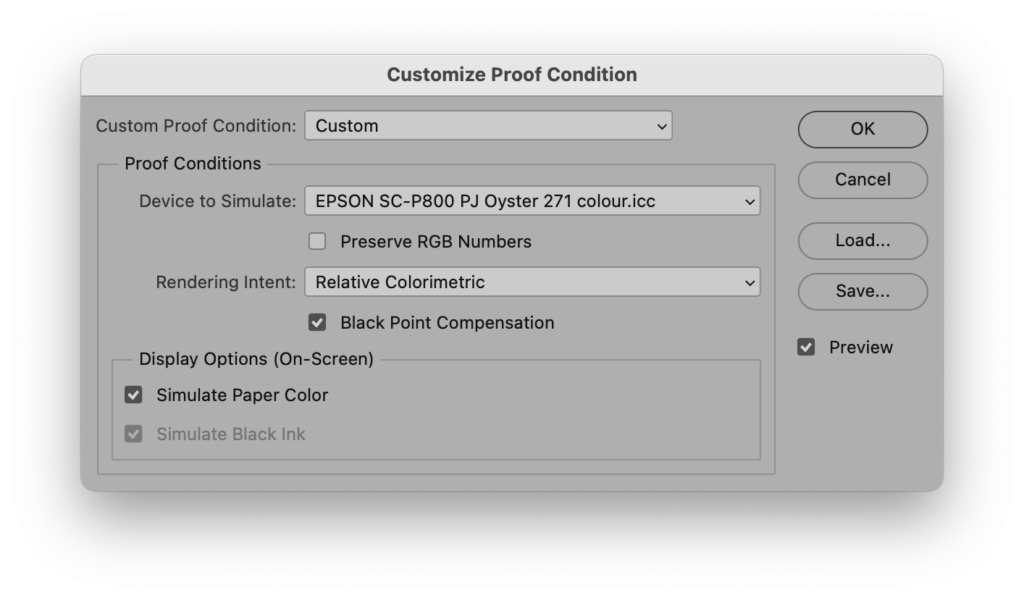Диалог Customize Proof Condition в Photoshop с Device to Simulate, Rendering Intent и Black Point Compensation