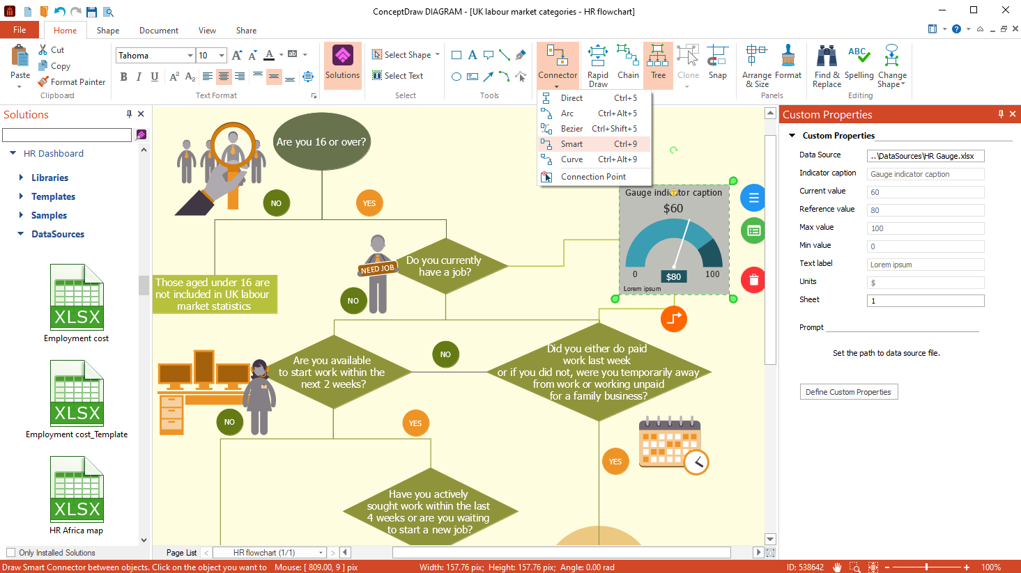 ConceptDraw DIAGRAM для Windows с меню Smart Connector и панелью пользовательских свойств объекта