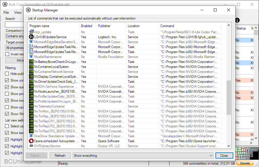 Startup Manager в Bulk Crap Uninstaller со списком автоматически запускаемых команд