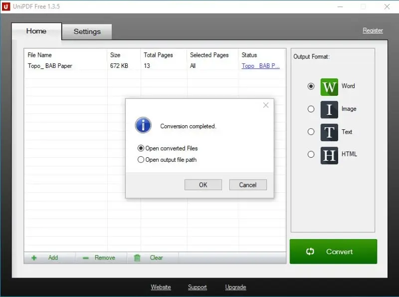 Окно UniPDF после преобразования PDF в Word