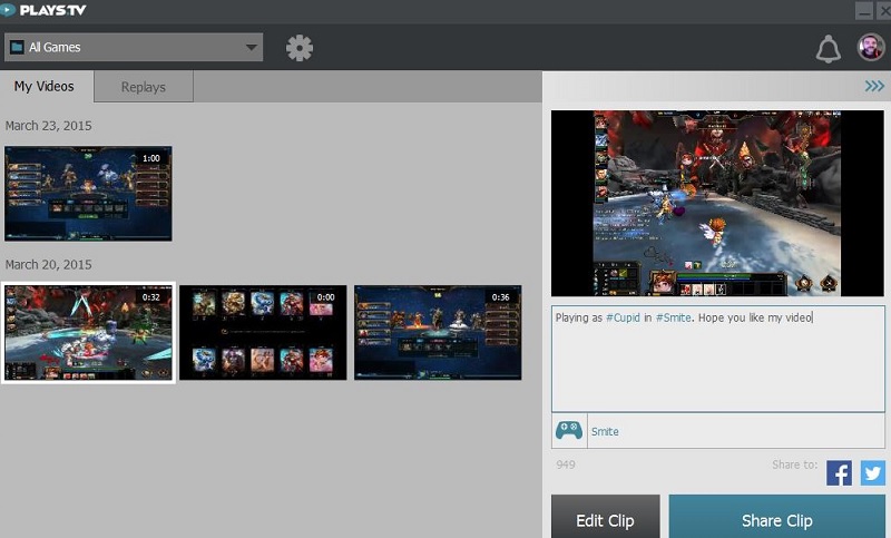 Интерфейс Plays.tv с рабочей схемой PLAY, EDIT и SHARE