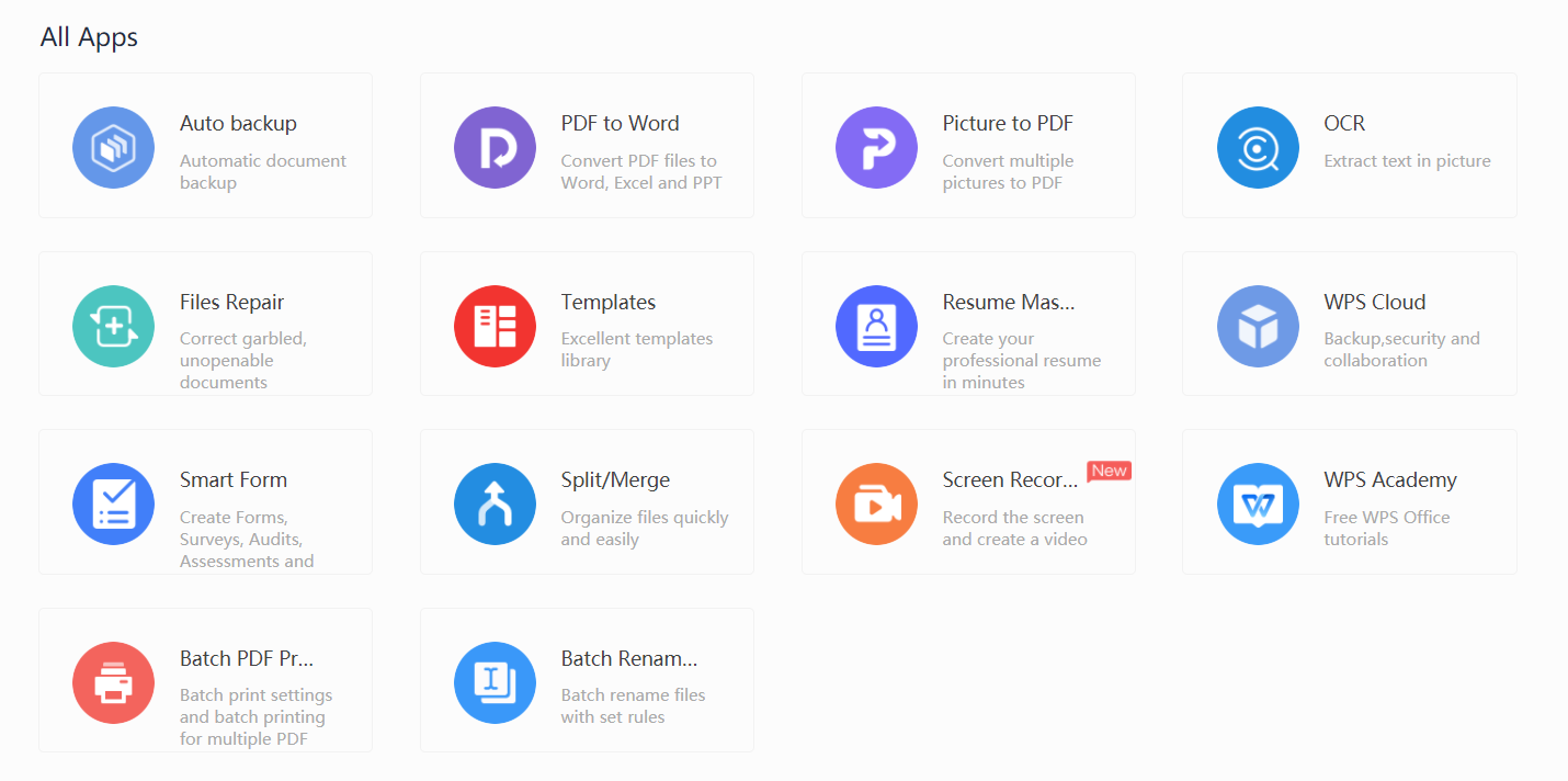 Раздел All Apps в WPS Office с Auto backup, PDF to Word, Picture to PDF, OCR, Files Repair, Templates, WPS Cloud, Split/Merge и другими инструментами