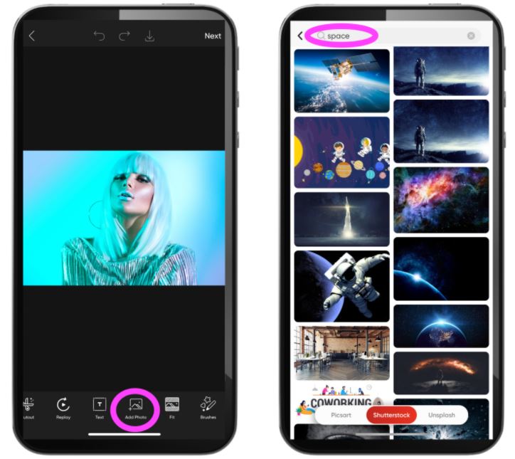 Команда Add Photo и выбор второго изображения в Picsart