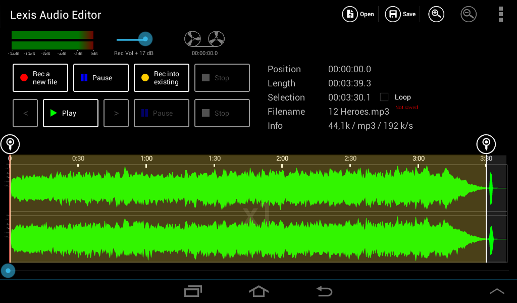 Lexis Audio Editor на Android: выделенный диапазон между маркерами на звуковой волне