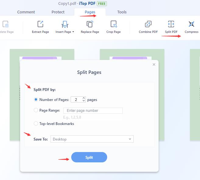 iTop PDF: вкладка Pages и диалог Split Pages с выбором правила и папки