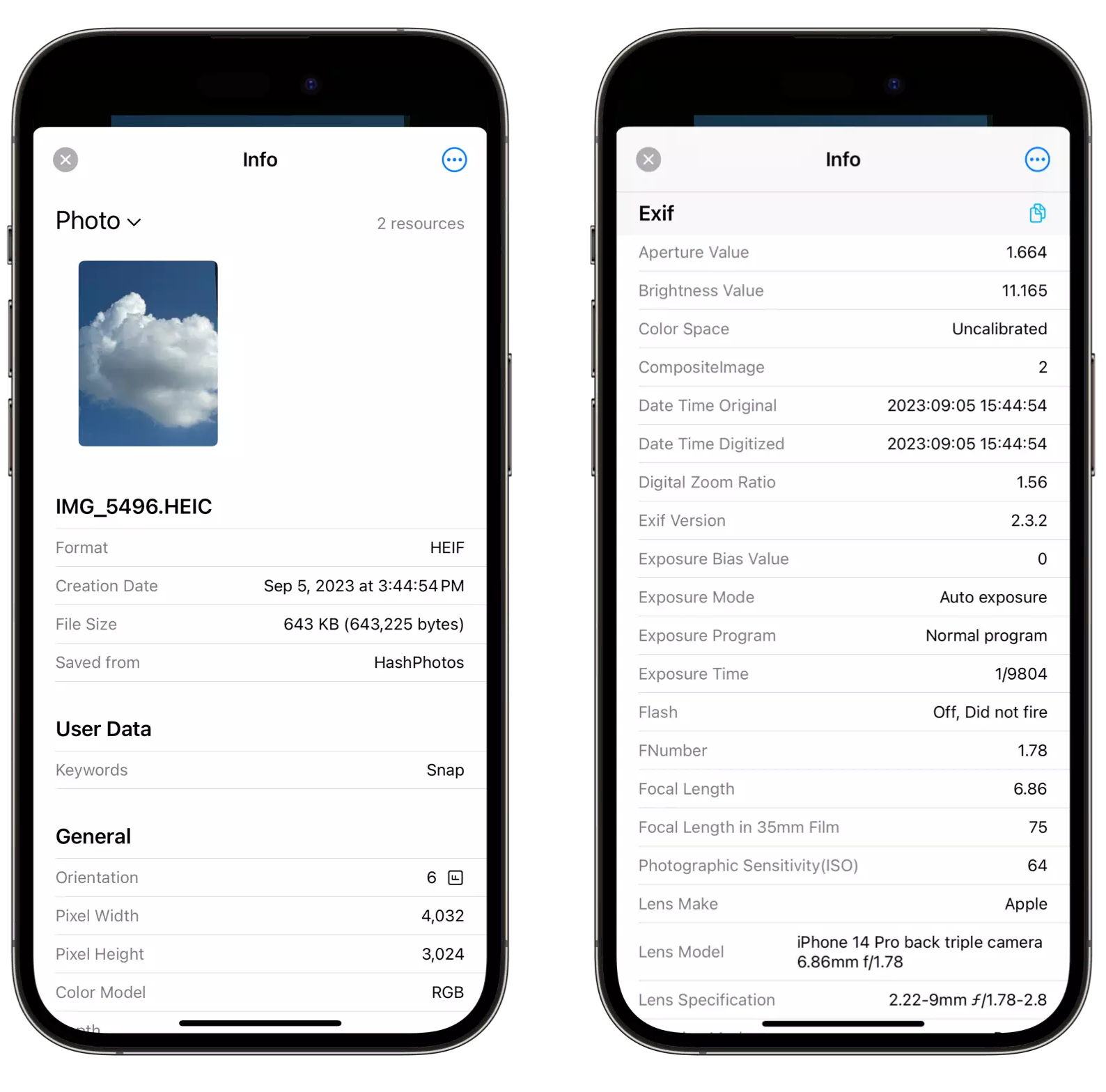 Интерфейс HashPhotos с подробными метаданными фотографии