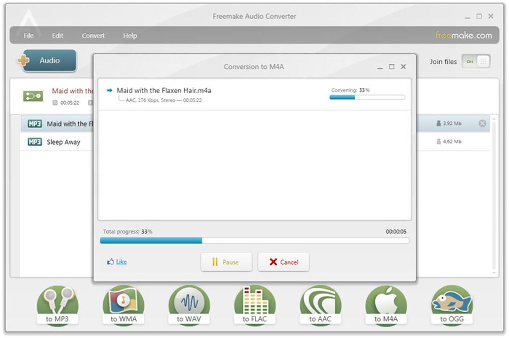 Freemake Audio Converter: окно преобразования и кнопки выбора выходного аудиоформата