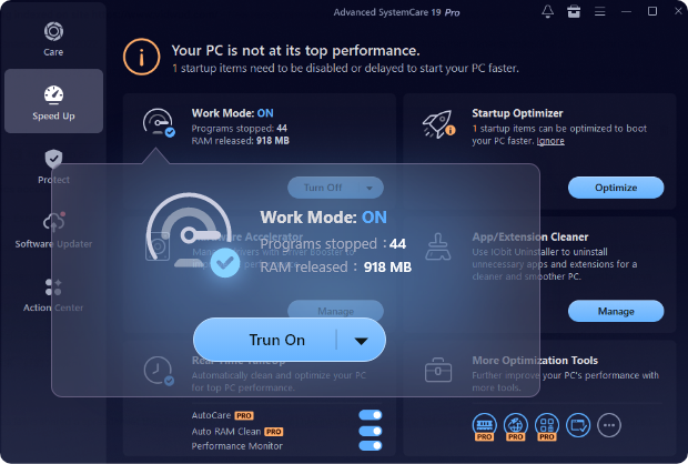 Раздел Speed Up в Advanced SystemCare с Work Mode и Startup Optimizer