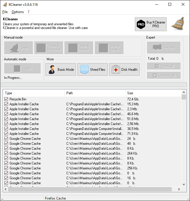 KCleaner со списком найденных объектов и колонками Type, Path, Size