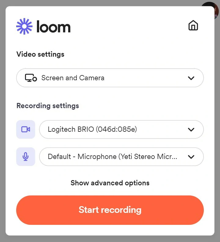 Панель Loom с выбором режима записи, камеры и микрофона
