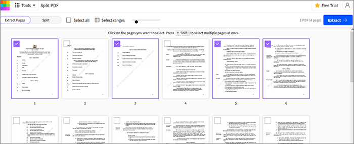 Выбор страниц для извлечения в Smallpdf