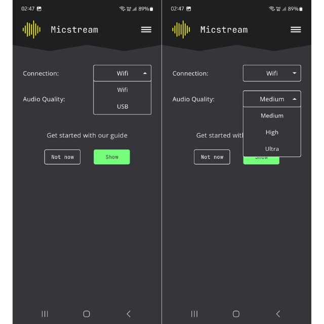 Интерфейс Micstream на Android с выбором Wi-Fi или USB и качества аудио