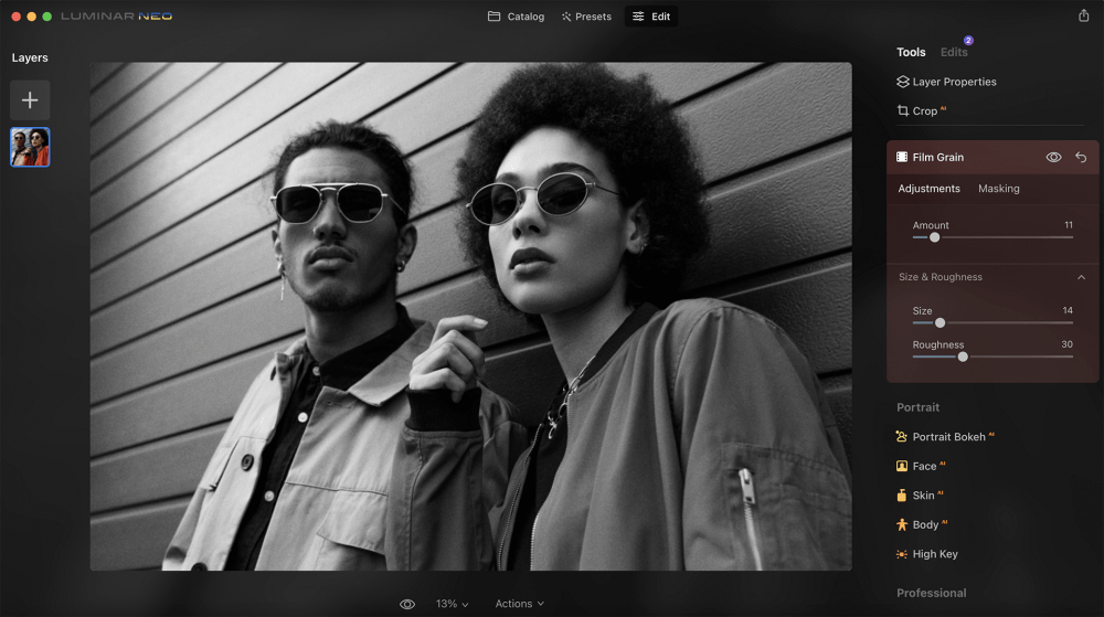 Интерфейс Luminar Neo с панелью Film Grain и параметрами зерна