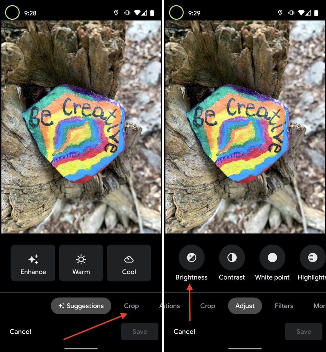 Переход в Adjust и выбор Brightness в Google Photos