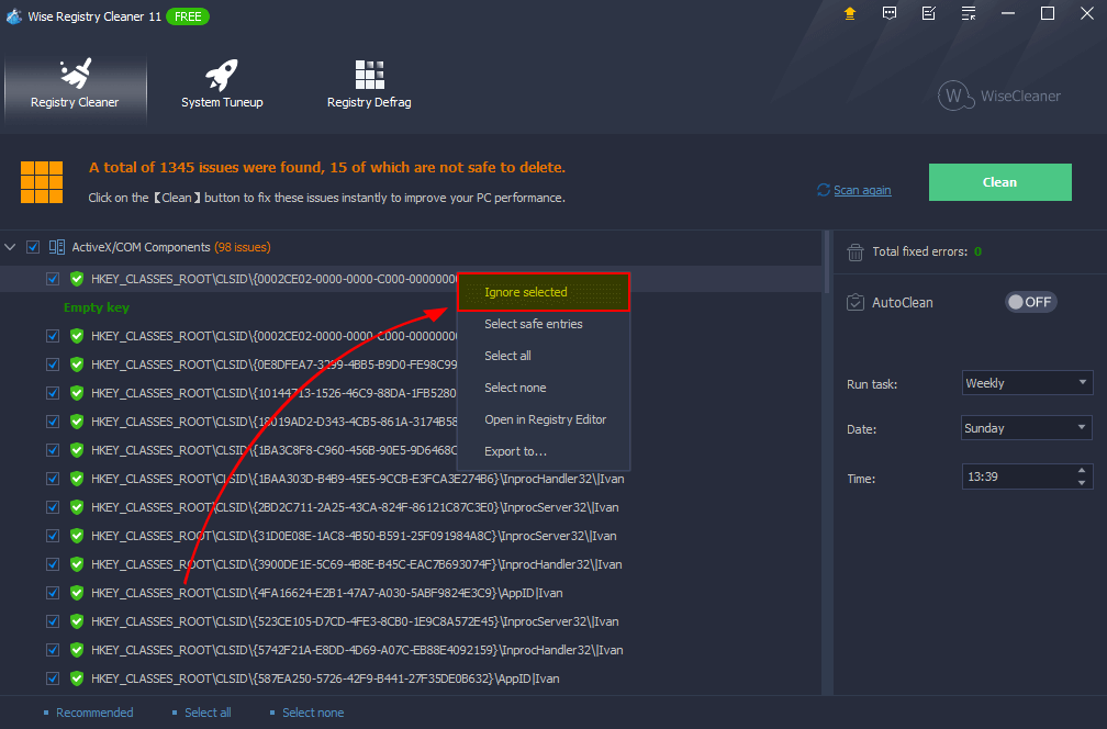 Результаты Wise Registry Cleaner с командой Ignore Selected Entry
