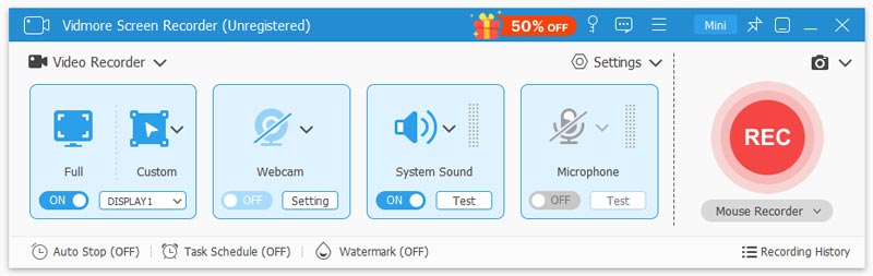Окно Vidmore Screen Recorder с выбором источников