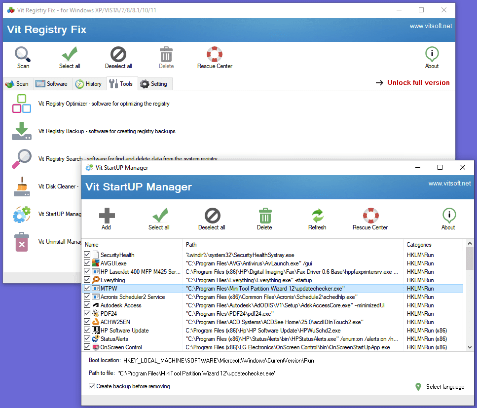 Окно Vit Registry Fix с результатами проверки и кнопкой Fix Errors