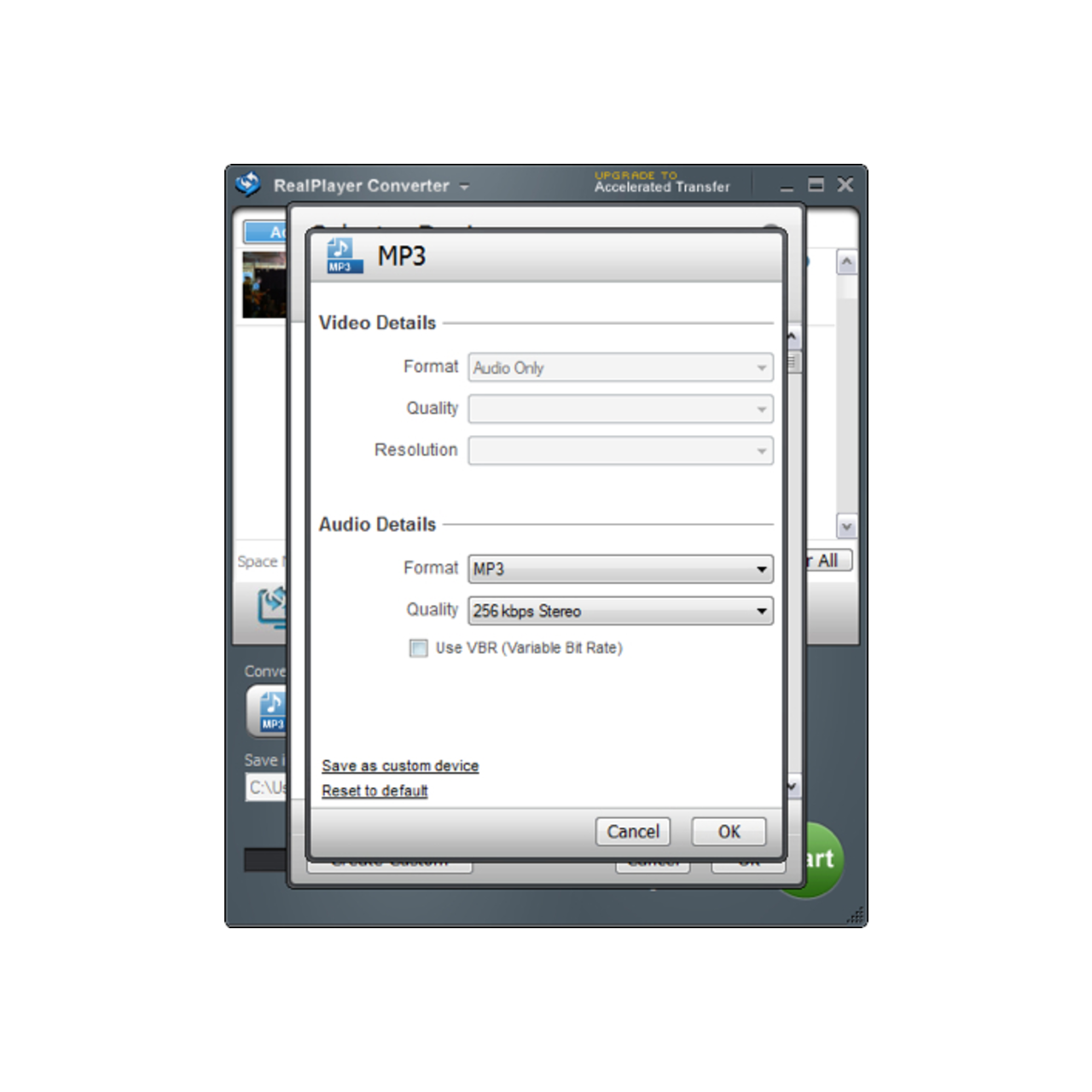 Окно RealPlayer Converter с форматом MP3 и настройкой качества аудио