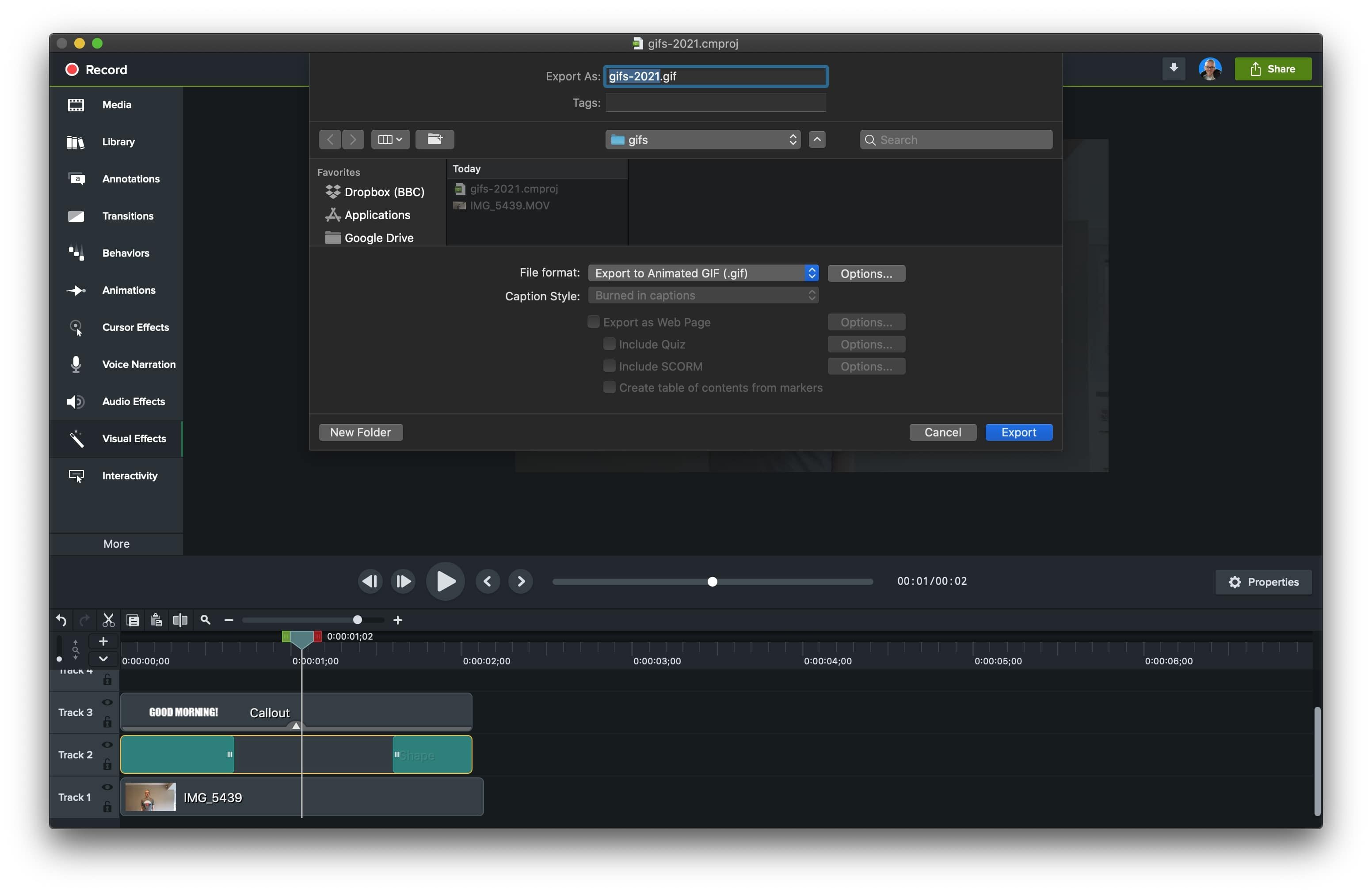 Экспорт проекта Camtasia в Animated GIF